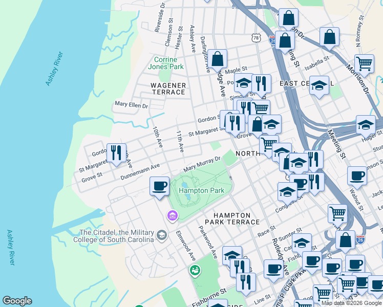 map of restaurants, bars, coffee shops, grocery stores, and more near 30 Dunnemann Avenue in Charleston