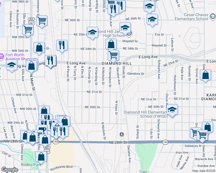 map of restaurants, bars, coffee shops, grocery stores, and more near 3208 North Hampton Street in Fort Worth