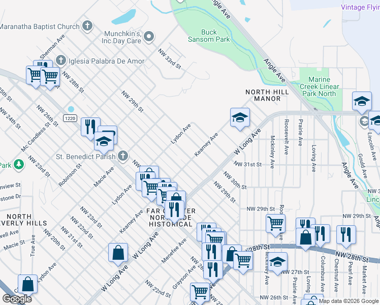 map of restaurants, bars, coffee shops, grocery stores, and more near 2723 Northwest 30th Street in Fort Worth