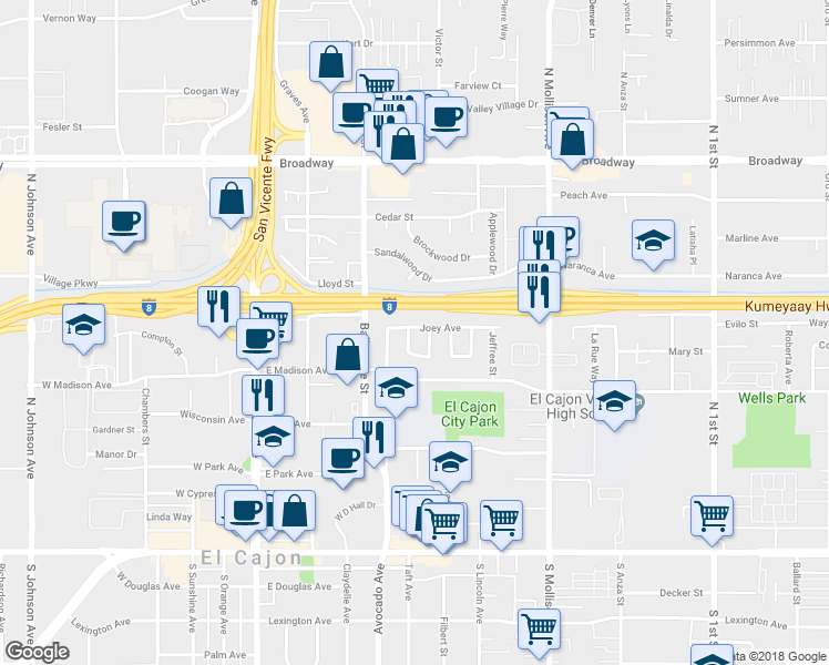 map of restaurants, bars, coffee shops, grocery stores, and more near 501 Joey Avenue in El Cajon