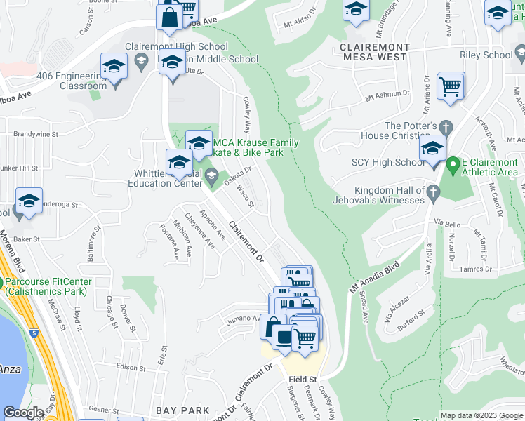 map of restaurants, bars, coffee shops, grocery stores, and more near 3305 Waco Street in San Diego