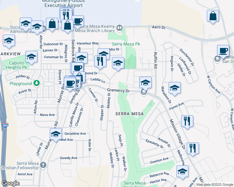 map of restaurants, bars, coffee shops, grocery stores, and more near 3281 Pasternack Place in San Diego