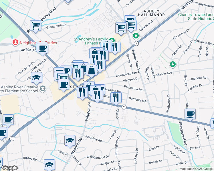 map of restaurants, bars, coffee shops, grocery stores, and more near 1720 Jessamine Road in Charleston