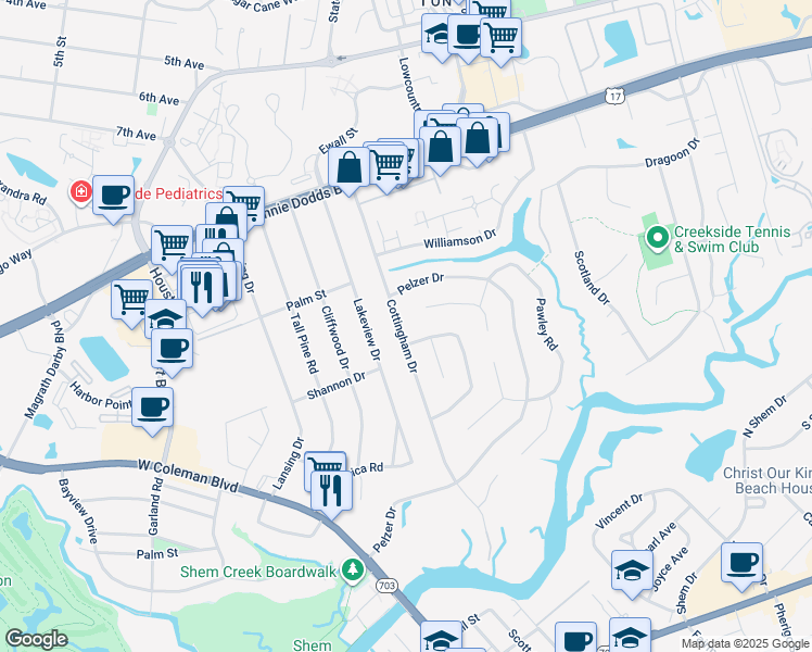 map of restaurants, bars, coffee shops, grocery stores, and more near 992 Cottingham Drive in Mount Pleasant
