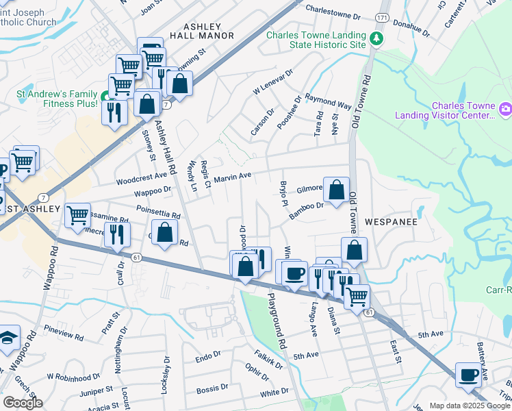 map of restaurants, bars, coffee shops, grocery stores, and more near 21 Murray Hill Drive in Charleston