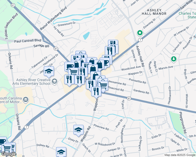 map of restaurants, bars, coffee shops, grocery stores, and more near 1764 Jessamine Road in Charleston