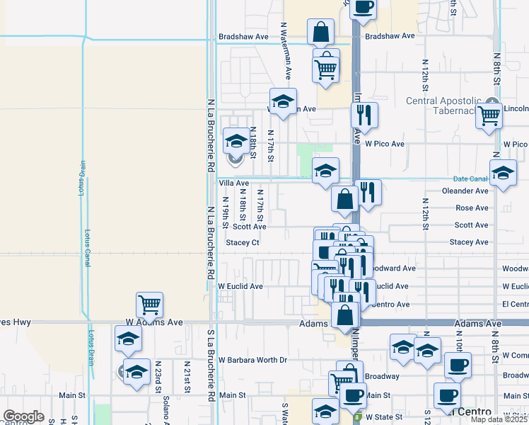 map of restaurants, bars, coffee shops, grocery stores, and more near 1075 North 17th Street in El Centro