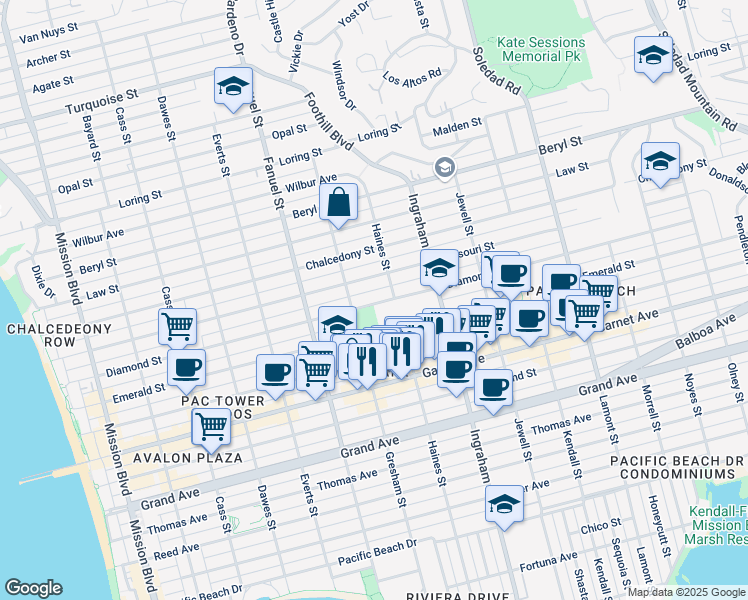 map of restaurants, bars, coffee shops, grocery stores, and more near 1450 Diamond Street in San Diego