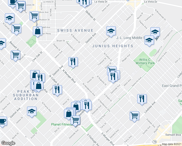map of restaurants, bars, coffee shops, grocery stores, and more near 5416 Tremont Street in Dallas