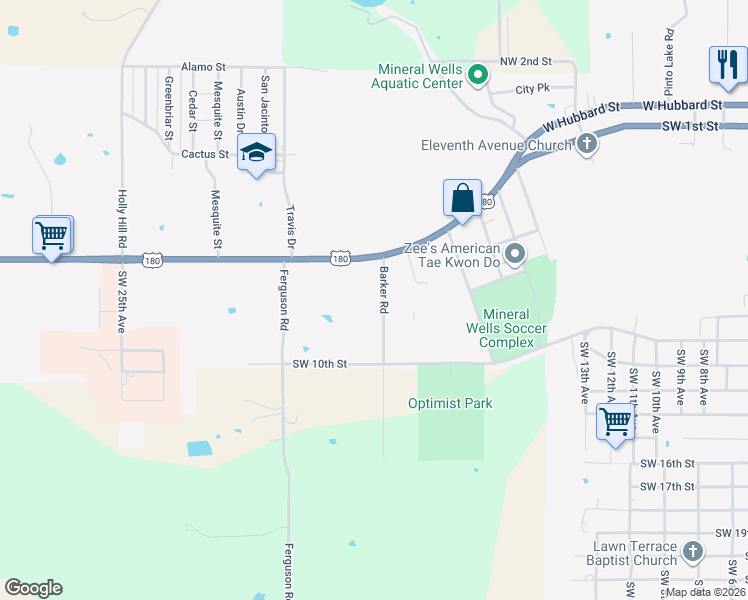map of restaurants, bars, coffee shops, grocery stores, and more near 500 Barker Road in Mineral Wells