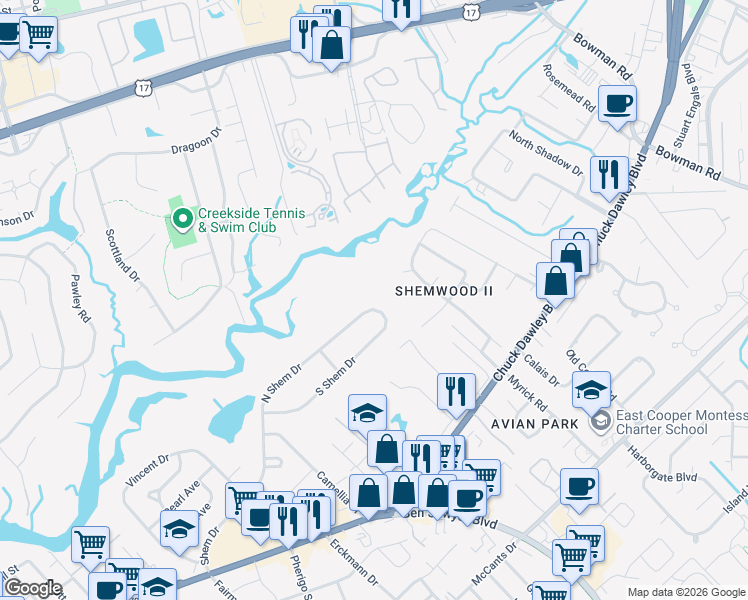 map of restaurants, bars, coffee shops, grocery stores, and more near 1064 North Shem Drive in Mount Pleasant