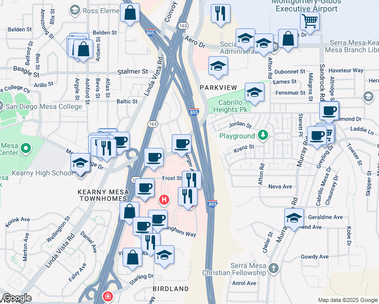 map of restaurants, bars, coffee shops, grocery stores, and more near 3131 Berger Avenue in San Diego