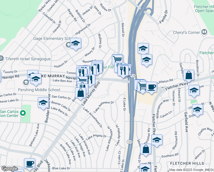 map of restaurants, bars, coffee shops, grocery stores, and more near 8785 Navajo Road in San Diego