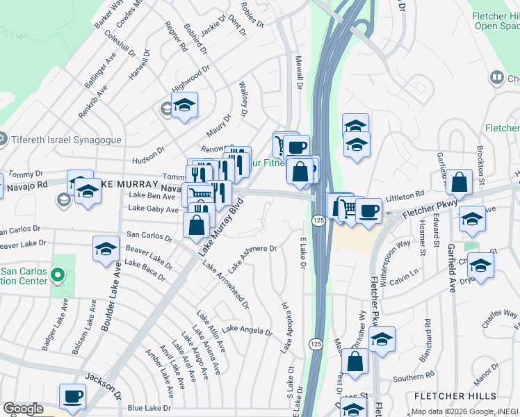 map of restaurants, bars, coffee shops, grocery stores, and more near 8723 Navajo Road in San Diego