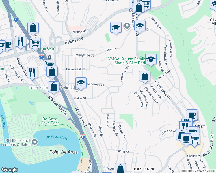 map of restaurants, bars, coffee shops, grocery stores, and more near 3804 Baker Street in San Diego