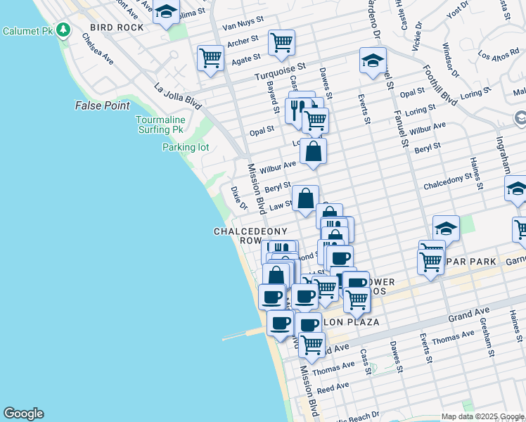 map of restaurants, bars, coffee shops, grocery stores, and more near Mission Blvd & Law St in San Diego