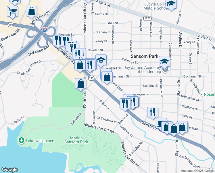 map of restaurants, bars, coffee shops, grocery stores, and more near 5810 Jacksboro Highway in Fort Worth
