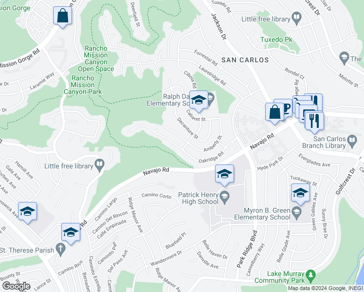 map of restaurants, bars, coffee shops, grocery stores, and more near 6450 Oakridge Road in San Diego