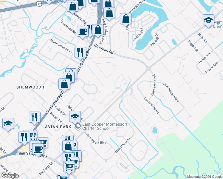 map of restaurants, bars, coffee shops, grocery stores, and more near 1265 Llewellyn Road in Mount Pleasant