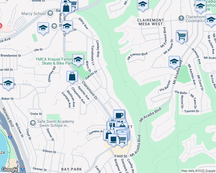 map of restaurants, bars, coffee shops, grocery stores, and more near 3305 Waco Street in San Diego