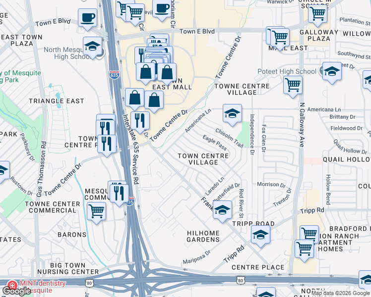 map of restaurants, bars, coffee shops, grocery stores, and more near 2811 Rio Grande Pass in Mesquite