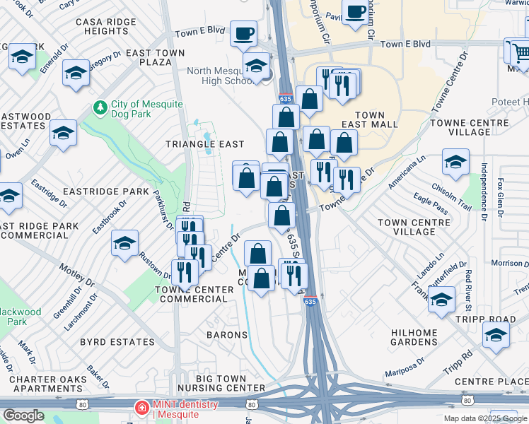 map of restaurants, bars, coffee shops, grocery stores, and more near North Mesquite Drive in Mesquite