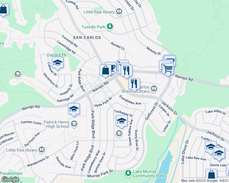 map of restaurants, bars, coffee shops, grocery stores, and more near 6960 Hyde Park Drive in San Diego