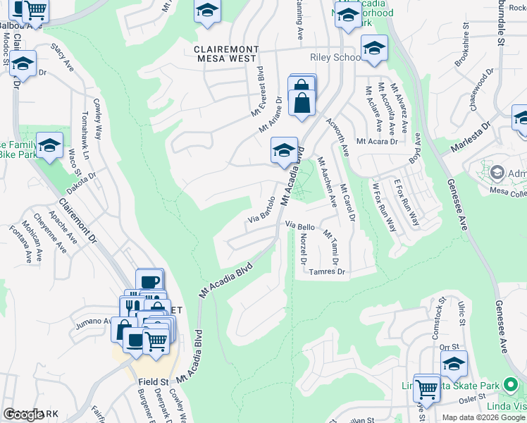 map of restaurants, bars, coffee shops, grocery stores, and more near 3296 Via Bartolo in San Diego
