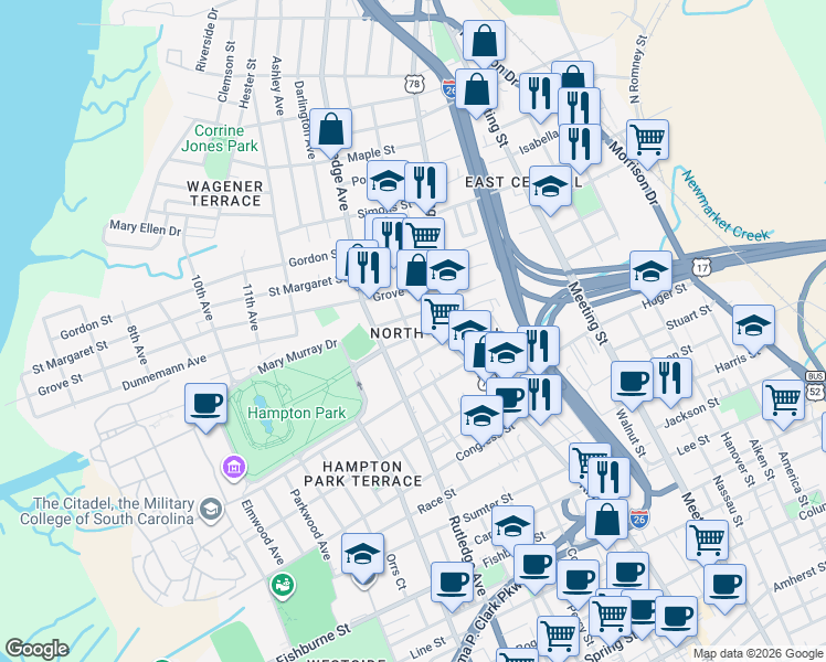 map of restaurants, bars, coffee shops, grocery stores, and more near 16 Cleveland Street in Charleston