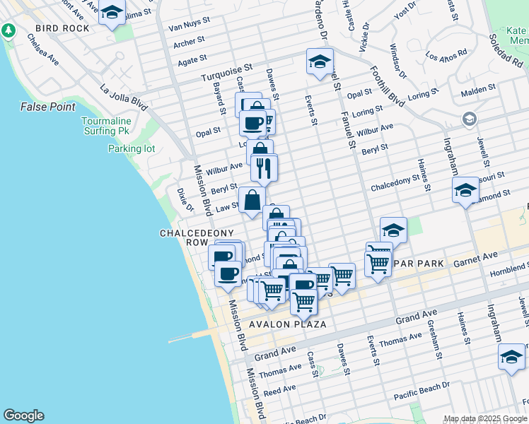 map of restaurants, bars, coffee shops, grocery stores, and more near in San Diego