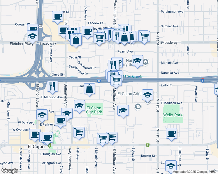 map of restaurants, bars, coffee shops, grocery stores, and more near 588 North Mollison Avenue in El Cajon