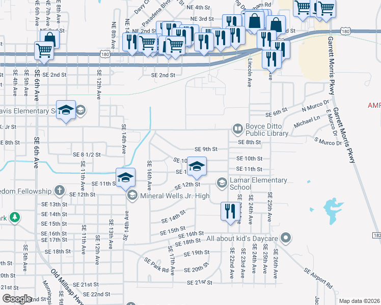 map of restaurants, bars, coffee shops, grocery stores, and more near 2000 Southeast 9th Street in Mineral Wells