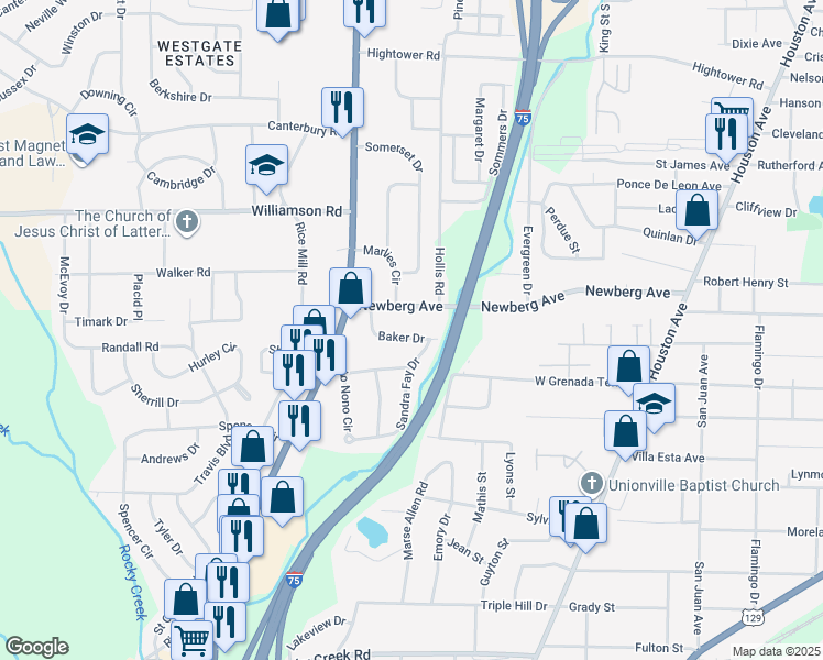 map of restaurants, bars, coffee shops, grocery stores, and more near 1219 Baker Drive in Macon