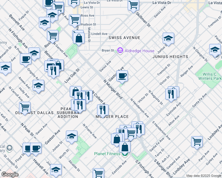 map of restaurants, bars, coffee shops, grocery stores, and more near 5119 Junius Street in Dallas