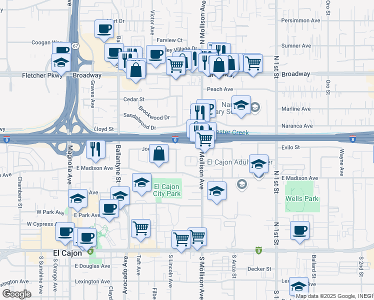 map of restaurants, bars, coffee shops, grocery stores, and more near 588 North Mollison Avenue in El Cajon
