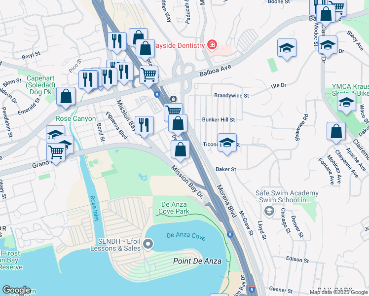 map of restaurants, bars, coffee shops, grocery stores, and more near 3455 Del Rey Street in San Diego