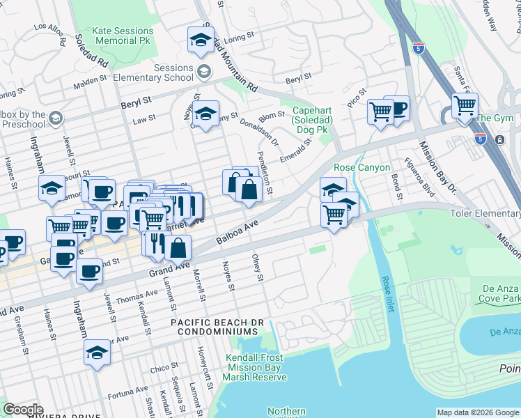 map of restaurants, bars, coffee shops, grocery stores, and more near 2207 Garnet Avenue in San Diego