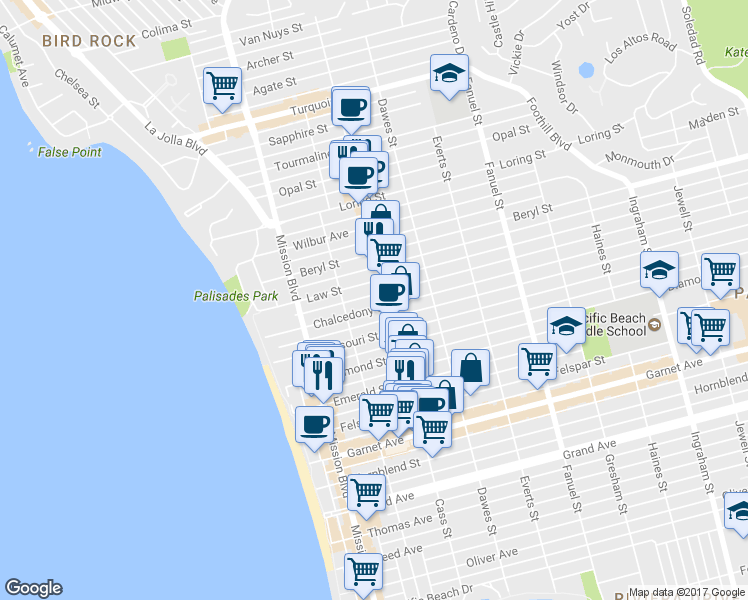 map of restaurants, bars, coffee shops, grocery stores, and more near in San Diego