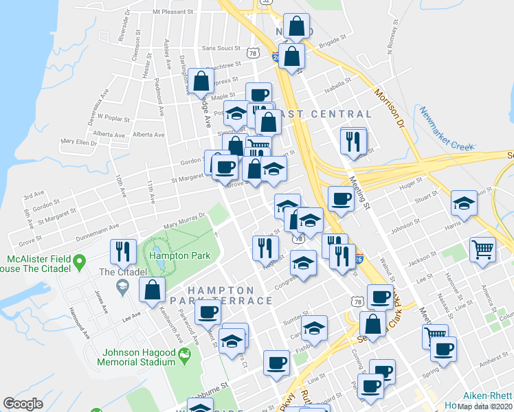 map of restaurants, bars, coffee shops, grocery stores, and more near 16 Cleveland Street in Charleston