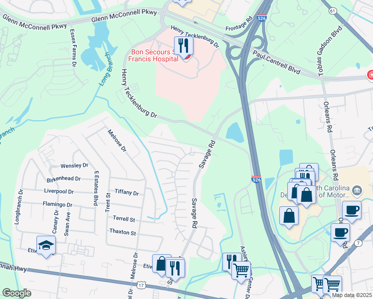map of restaurants, bars, coffee shops, grocery stores, and more near 885 Castlewood Boulevard in Charleston