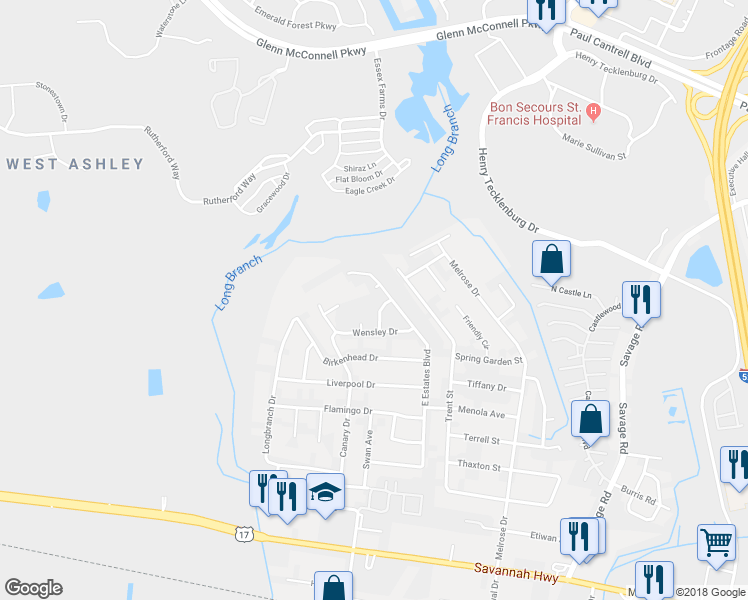 map of restaurants, bars, coffee shops, grocery stores, and more near 907 Burnley Road in Charleston