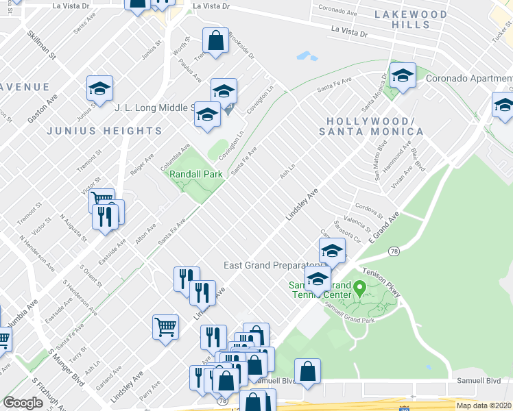 map of restaurants, bars, coffee shops, grocery stores, and more near 610 South Glasgow Drive in Dallas