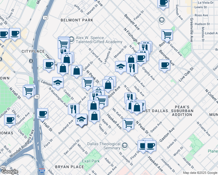 map of restaurants, bars, coffee shops, grocery stores, and more near 4234 Roseland Avenue in Dallas