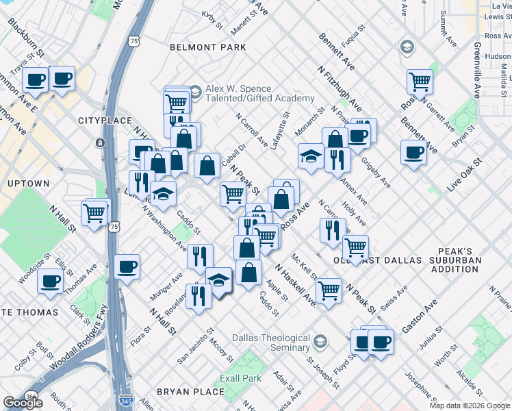 map of restaurants, bars, coffee shops, grocery stores, and more near 4212 Munger Avenue in Dallas