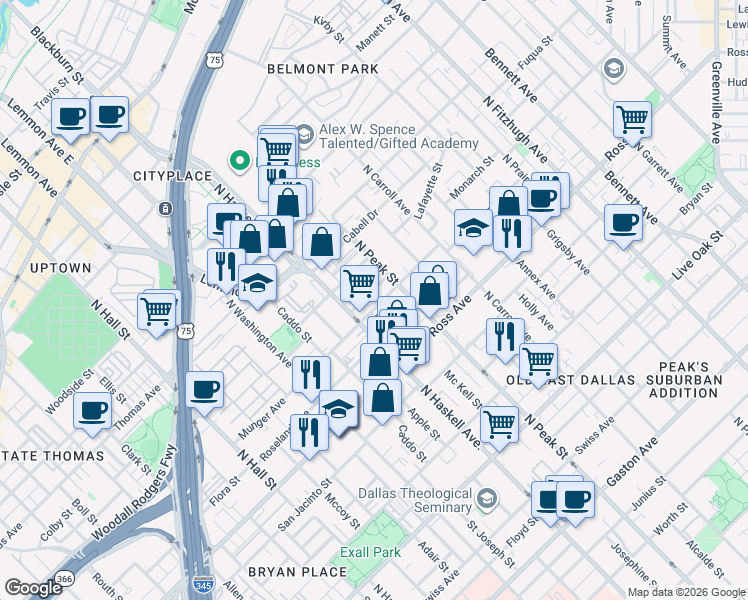 map of restaurants, bars, coffee shops, grocery stores, and more near 4212 Munger Avenue in Dallas