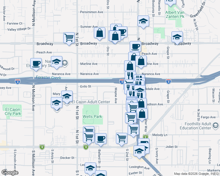 map of restaurants, bars, coffee shops, grocery stores, and more near 1209 Evilo Street in El Cajon