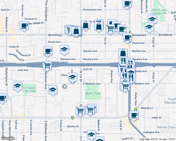 map of restaurants, bars, coffee shops, grocery stores, and more near 1125 Evilo Street in El Cajon