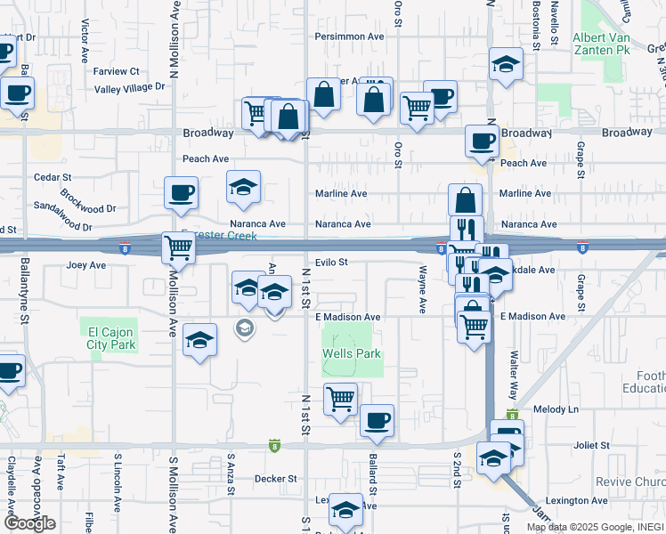 map of restaurants, bars, coffee shops, grocery stores, and more near 1125 Evilo Street in El Cajon