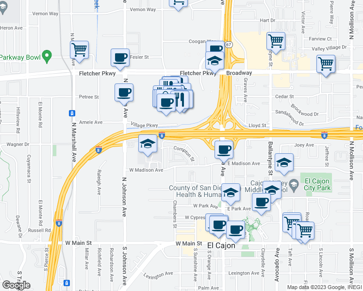map of restaurants, bars, coffee shops, grocery stores, and more near 374 Compton Street in El Cajon