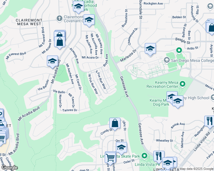 map of restaurants, bars, coffee shops, grocery stores, and more near 3186 East Fox Run Way in San Diego